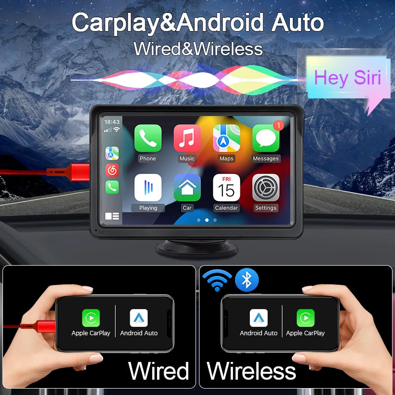 7-Inch Portable Car Multimedia Video Player with Wireless CarPlay and Android Auto Touch Screen Compatibility