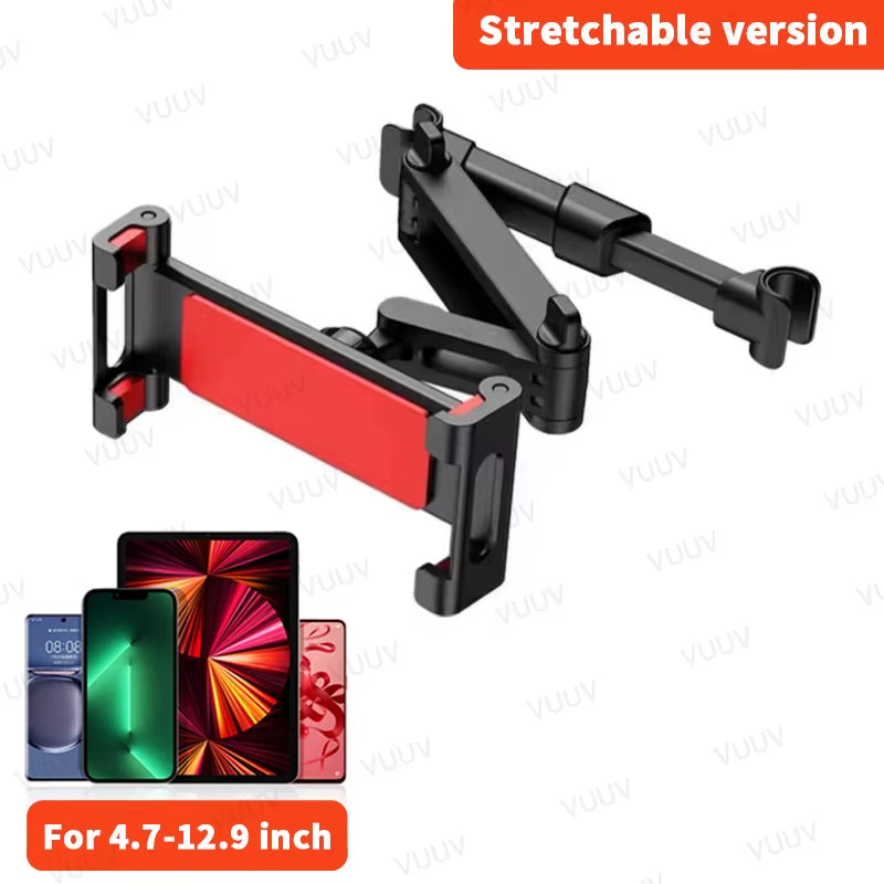 Car Headrest Tablet Holder for 4.7-12.9 Inch Devices - Rotating Telescopic Stand for Kids in Vehicles