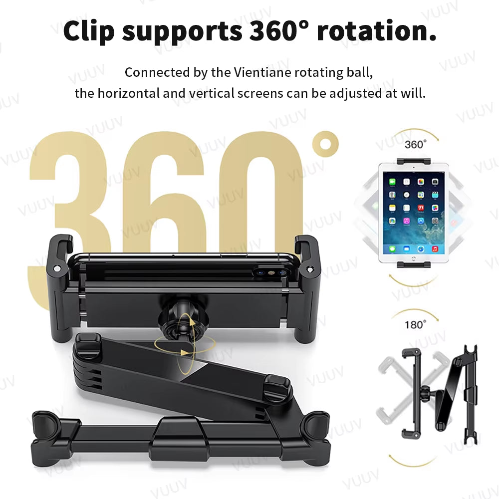 Car Headrest Tablet Holder for 4.7-12.9 Inch Devices - Rotating Telescopic Stand for Kids in Vehicles