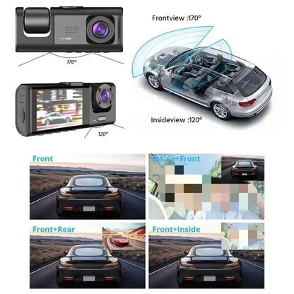 3-Channel HD 1080P Car DVR with Triple-Lens Dash Cam and Video Recorder