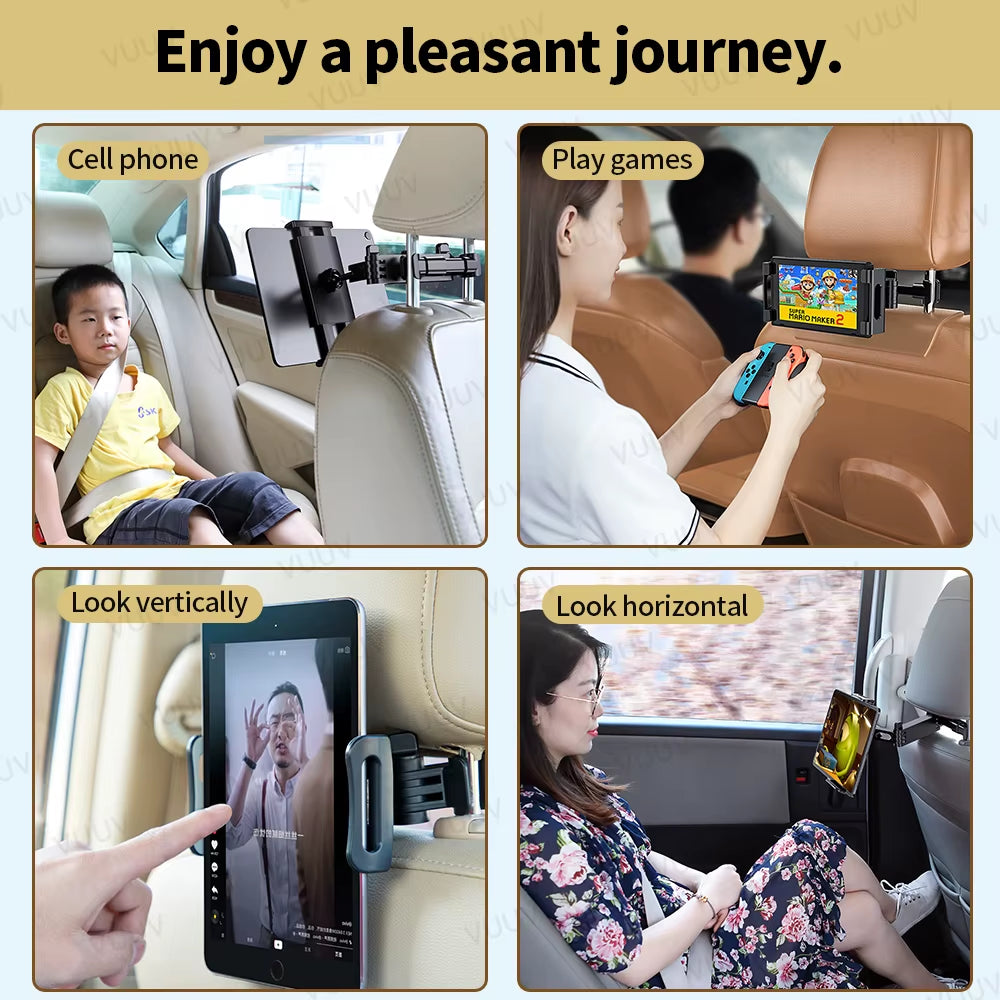 Car Headrest Tablet Holder for 4.7-12.9 Inch Devices - Rotating Telescopic Stand for Kids in Vehicles