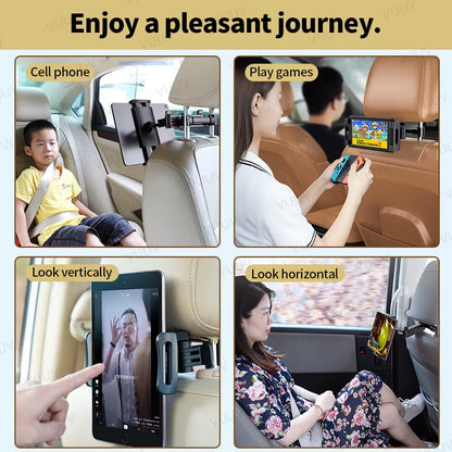 Car Headrest Tablet Holder for 4.7-12.9 Inch Devices - Rotating Telescopic Stand for Kids in Vehicles