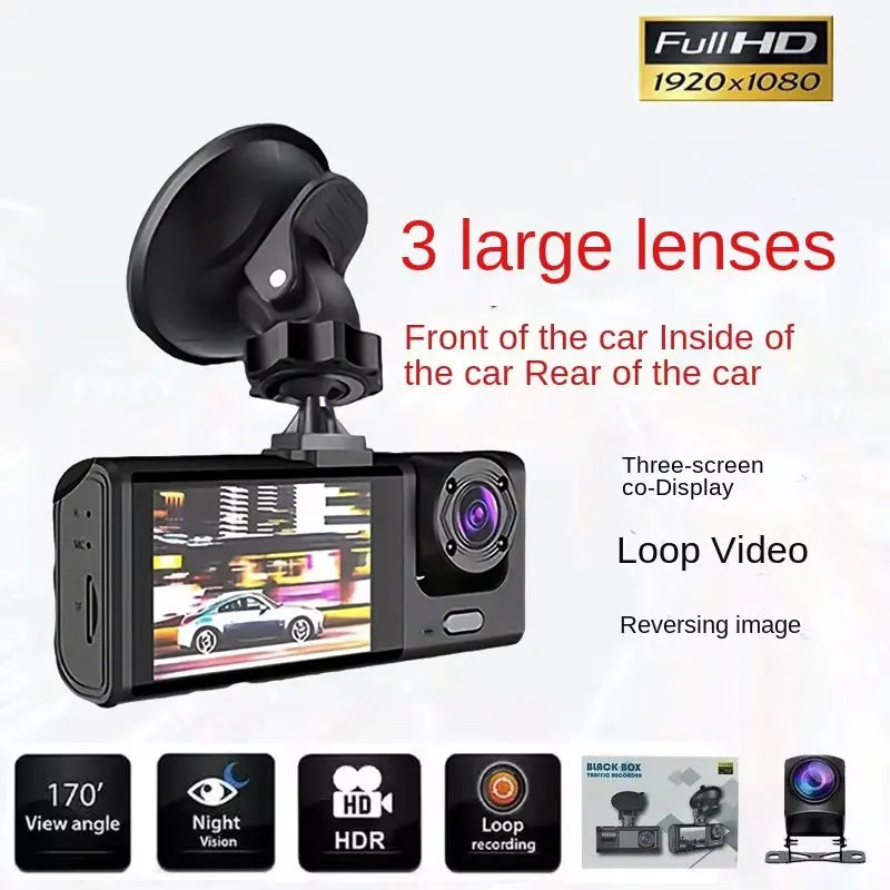 3-Channel HD 1080P Car DVR with Triple-Lens Dash Cam and Video Recorder