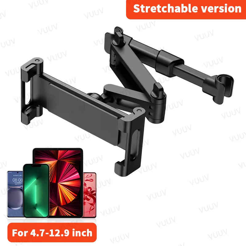 Car Headrest Tablet Holder for 4.7-12.9 Inch Devices - Rotating Telescopic Stand for Kids in Vehicles
