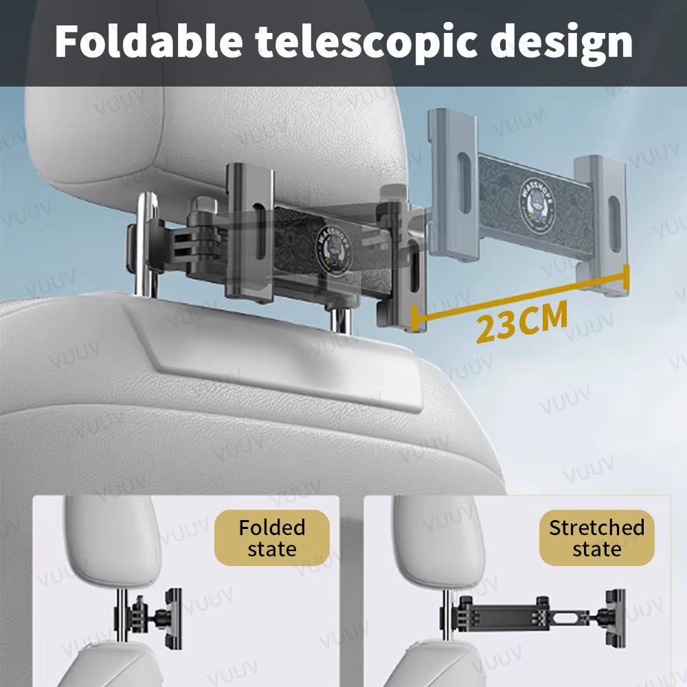 Car Headrest Tablet Holder for 4.7-12.9 Inch Devices - Rotating Telescopic Stand for Kids in Vehicles
